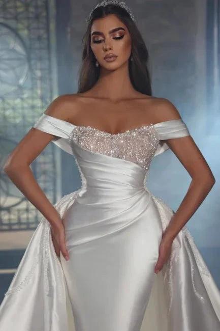 Luxurious A-line Satin Off-the-shoulder Beading Sleeveless Wedding Dresses With Glitter by misshow.com