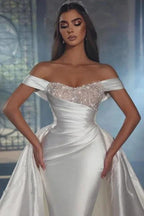 Luxurious A-line Satin Off-the-shoulder Beading Sleeveless Wedding Dresses With Glitter by misshow.com