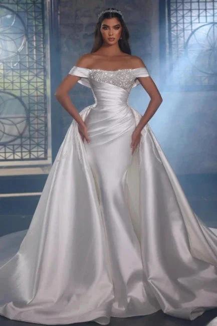 Luxurious A-line Satin Off-the-shoulder Beading Sleeveless Wedding Dresses With Glitter by misshow.com