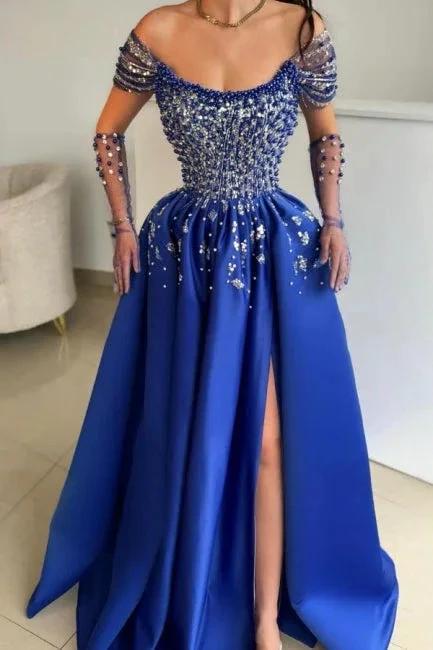 Luxurious A-Line Satin Scoop Sleeveless Prom Dress With Split Front by misshow.com