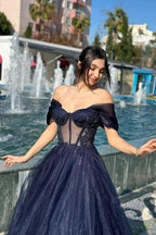 Luxurious A-Line Tulle Off-The-Shoulder Sleeveless Prom Dress With Appliques by misshow.com