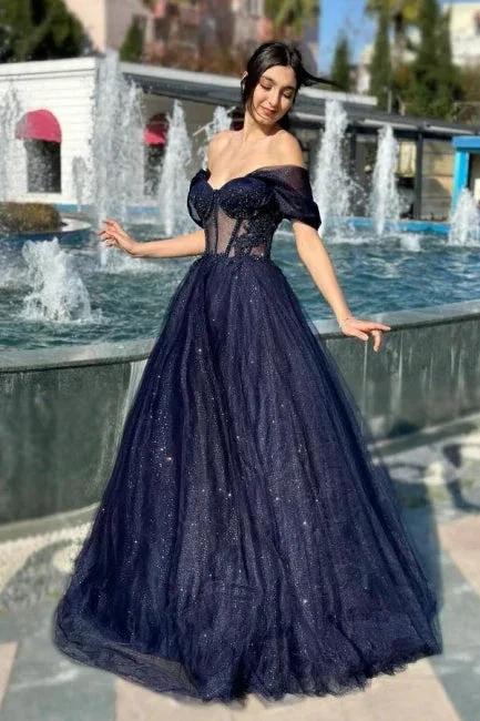 Luxurious A-Line Tulle Off-The-Shoulder Sleeveless Prom Dress With Appliques by misshow.com
