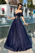 Luxurious A-Line Tulle Off-The-Shoulder Sleeveless Prom Dress With Appliques by misshow.com