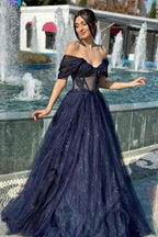 Luxurious A-Line Tulle Off-The-Shoulder Sleeveless Prom Dress With Appliques by misshow.com