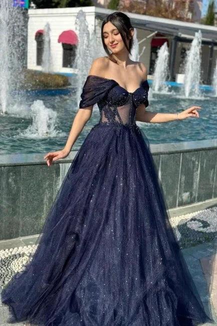 Luxurious A-Line Tulle Off-The-Shoulder Sleeveless Prom Dress With Appliques by misshow.com