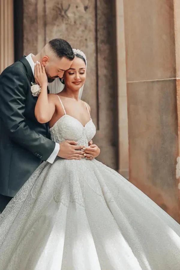 Luxurious Long A-line Lace Spaghetti Straps Wedding Dresses With Glitter by misshow.com