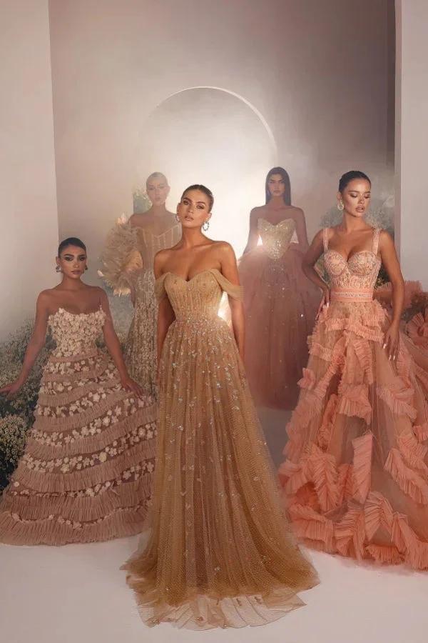 Luxurious Long A-line Off-the-shoulder Tulle Beading Sleeveless Prom Dress by misshow.com