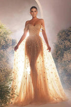 Luxurious Long A-line Off-the-shoulder Tulle Beading Sleeveless Prom Dress by misshow.com
