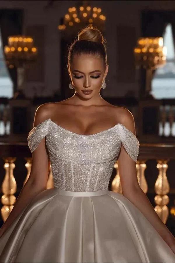 Luxurious Long Ball Gown Off The Shoulder Sparkly Sequins Satin Wedding Dress by BIZTUNNEL