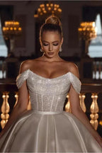 Luxurious Long Ball Gown Off The Shoulder Sparkly Sequins Satin Wedding Dress by BIZTUNNEL