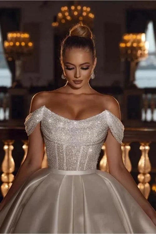 Luxurious Long Ball Gown Off The Shoulder Sparkly Sequins Satin Wedding Dress by BIZTUNNEL