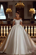Luxurious Long Ball Gown Off The Shoulder Sparkly Sequins Satin Wedding Dress by BIZTUNNEL