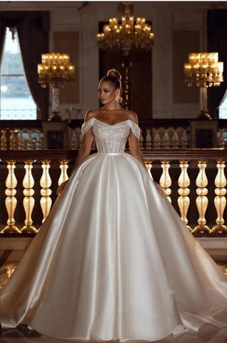 Luxurious Long Ball Gown Off The Shoulder Sparkly Sequins Satin Wedding Dress
