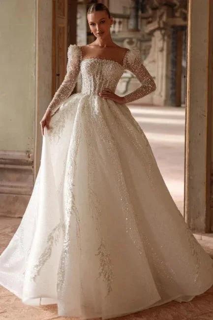 Luxurious Long Ivory A-line Square Neck Lace Beading Wedding Dress with Long Sleeves by misshow.com