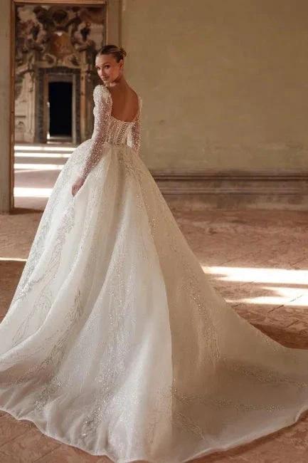 Luxurious Long Ivory A-line Square Neck Lace Beading Wedding Dress with Long Sleeves by misshow.com