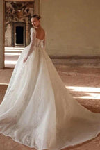 Luxurious Long Ivory A-line Square Neck Lace Beading Wedding Dress with Long Sleeves by misshow.com