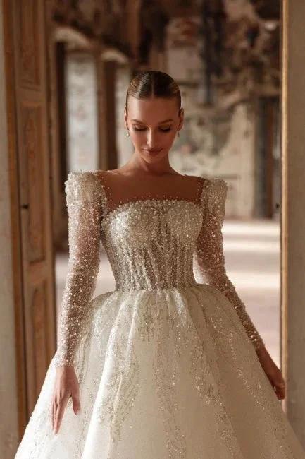 Luxurious Long Ivory A-line Square Neck Lace Beading Wedding Dress with Long Sleeves by misshow.com
