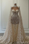 Luxurious Long Mermaid High Neck Glitter Lace Prom Dress With Sleeves by misshow.com