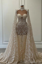 Luxurious Long Mermaid High Neck Glitter Lace Prom Dress With Sleeves by misshow.com