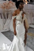 Luxurious Long Mermaid One Shoulder Satin Beading Wedding Dress With Detachable Train by BIZTUNNEL