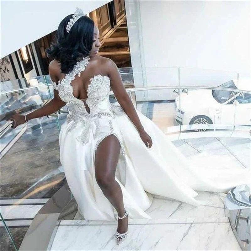 Luxurious Long Mermaid One Shoulder Satin Beading Wedding Dress With Detachable Train by BIZTUNNEL