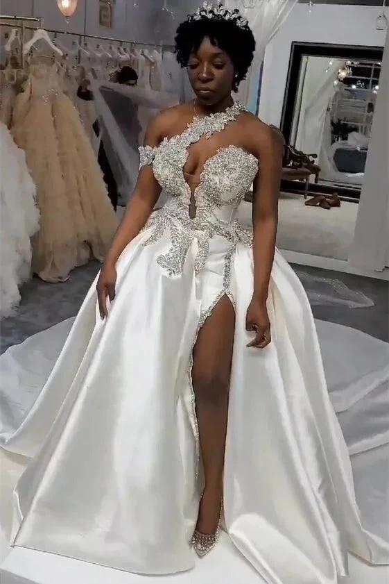 Luxurious Long Mermaid One Shoulder Satin Beading Wedding Dress With Detachable Train by BIZTUNNEL