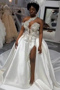 Luxurious Long Mermaid One Shoulder Satin Beading Wedding Dress With Detachable Train by BIZTUNNEL