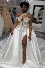 Luxurious Long Mermaid One Shoulder Satin Beading Wedding Dress With Detachable Train by BIZTUNNEL