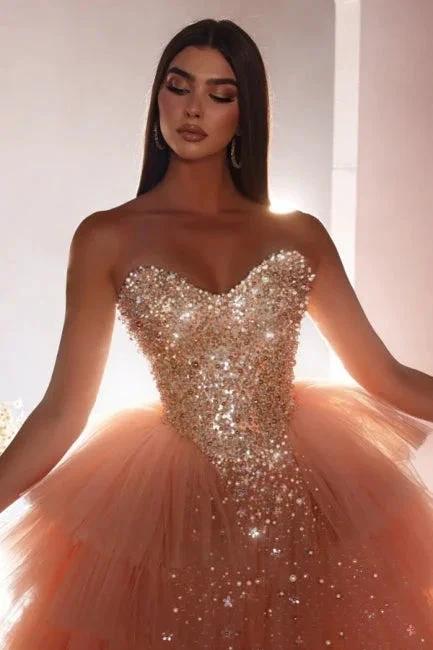 Luxurious Long Pink A-line Princess Tulle Beading Sleeveless Prom Dress with Pearls by misshow.com