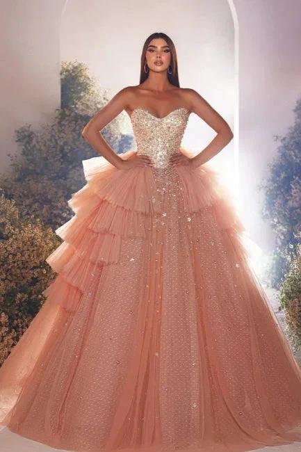 Luxurious Long Pink A-line Princess Tulle Beading Sleeveless Prom Dress with Pearls by misshow.com