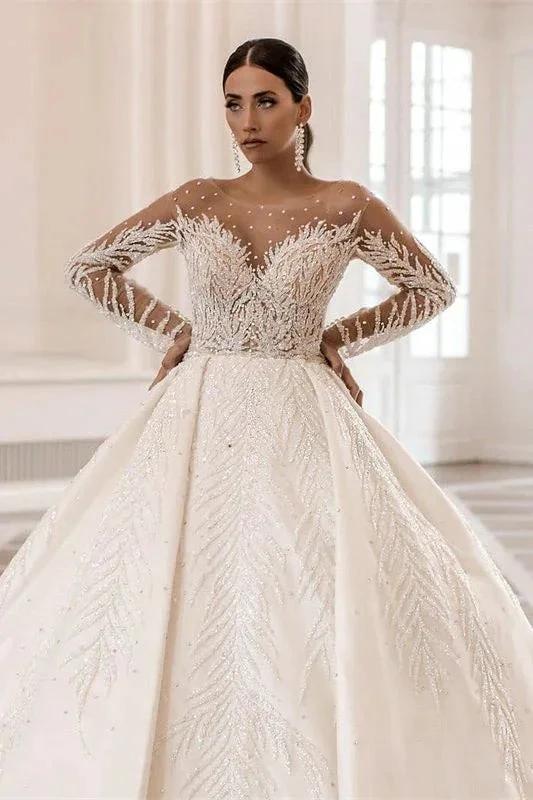 Luxurious Long Sleeves Ball Gown Wedding Dress With Delicate Beads by misshow.com