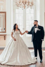 Luxurious Long White Off-the-shoulder A-line Satin Wedding Dress with Lace by misshow.com