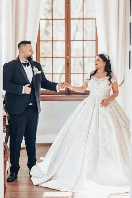 Luxurious Long White Off-the-shoulder A-line Satin Wedding Dress with Lace by misshow.com