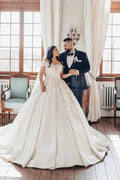 Luxurious Long White Off-the-shoulder A-line Satin Wedding Dress with Lace by misshow.com