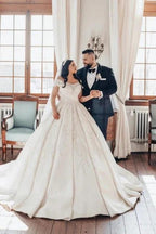 Luxurious Long White Off-the-shoulder A-line Satin Wedding Dress with Lace by misshow.com