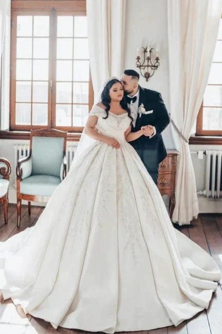 Luxurious Long White Off-the-shoulder A-line Satin Wedding Dress with Lace by misshow.com