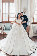 Luxurious Long White Off-the-shoulder A-line Satin Wedding Dress with Lace by misshow.com