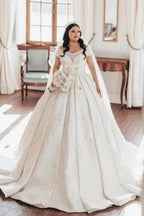 Luxurious Long White Off-the-shoulder A-line Satin Wedding Dress with Lace by misshow.com