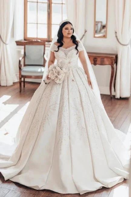 Luxurious Long White Off-the-shoulder A-line Satin Wedding Dress with Lace by misshow.com