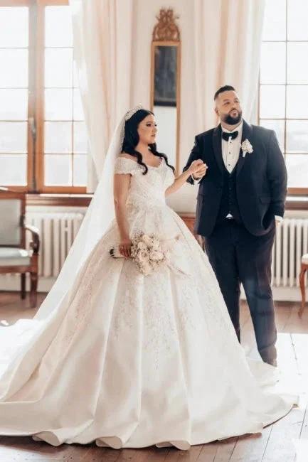 Luxurious Long White Off-the-shoulder A-line Satin Wedding Dress with Lace by misshow.com