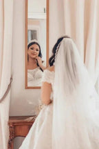 Luxurious Long White Off-the-shoulder A-line Satin Wedding Dress with Lace by misshow.com