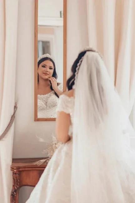 Luxurious Long White Off-the-shoulder A-line Satin Wedding Dress with Lace by misshow.com