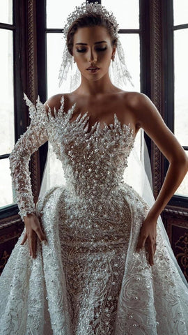 Luxurious Long White One Shoulder A-line Beading Pearls Long Sleeve Weeding Dress With Train