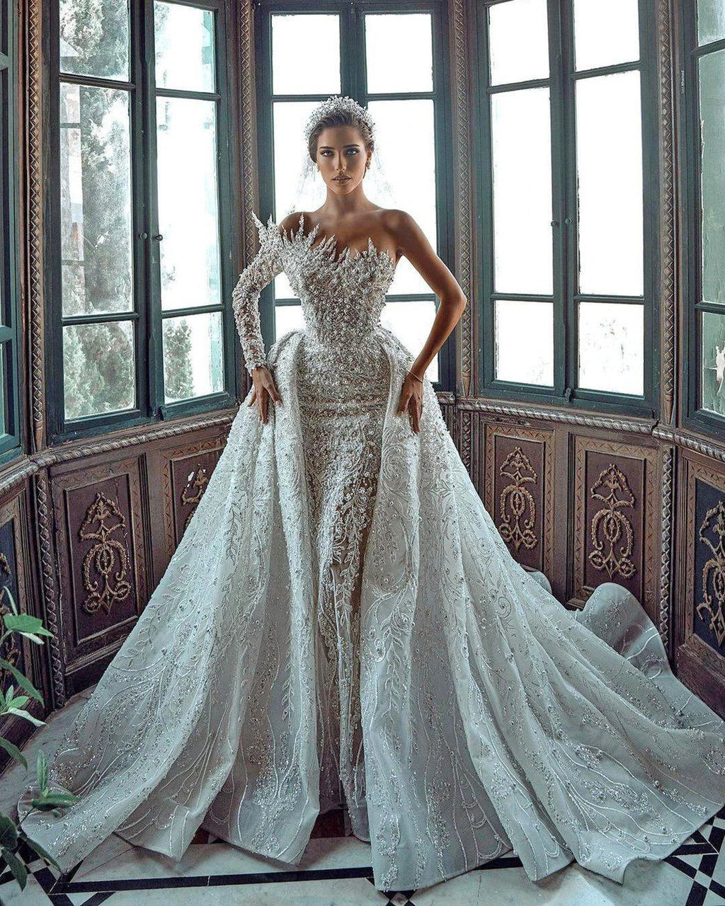 Luxurious Long White One Shoulder A-line Beading Pearls Long Sleeve Weeding Dress With Train by misshow.com
