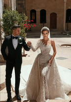 Luxurious Long White One Shoulder A-line Beading Pearls Long Sleeve Weeding Dress With Train by misshow.com