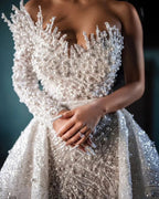 Luxurious Long White One Shoulder A-line Beading Pearls Long Sleeve Weeding Dress With Train by misshow.com