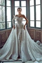 Luxurious Long White One Shoulder A-line Beading Pearls Long Sleeve Weeding Dress With Train by misshow.com