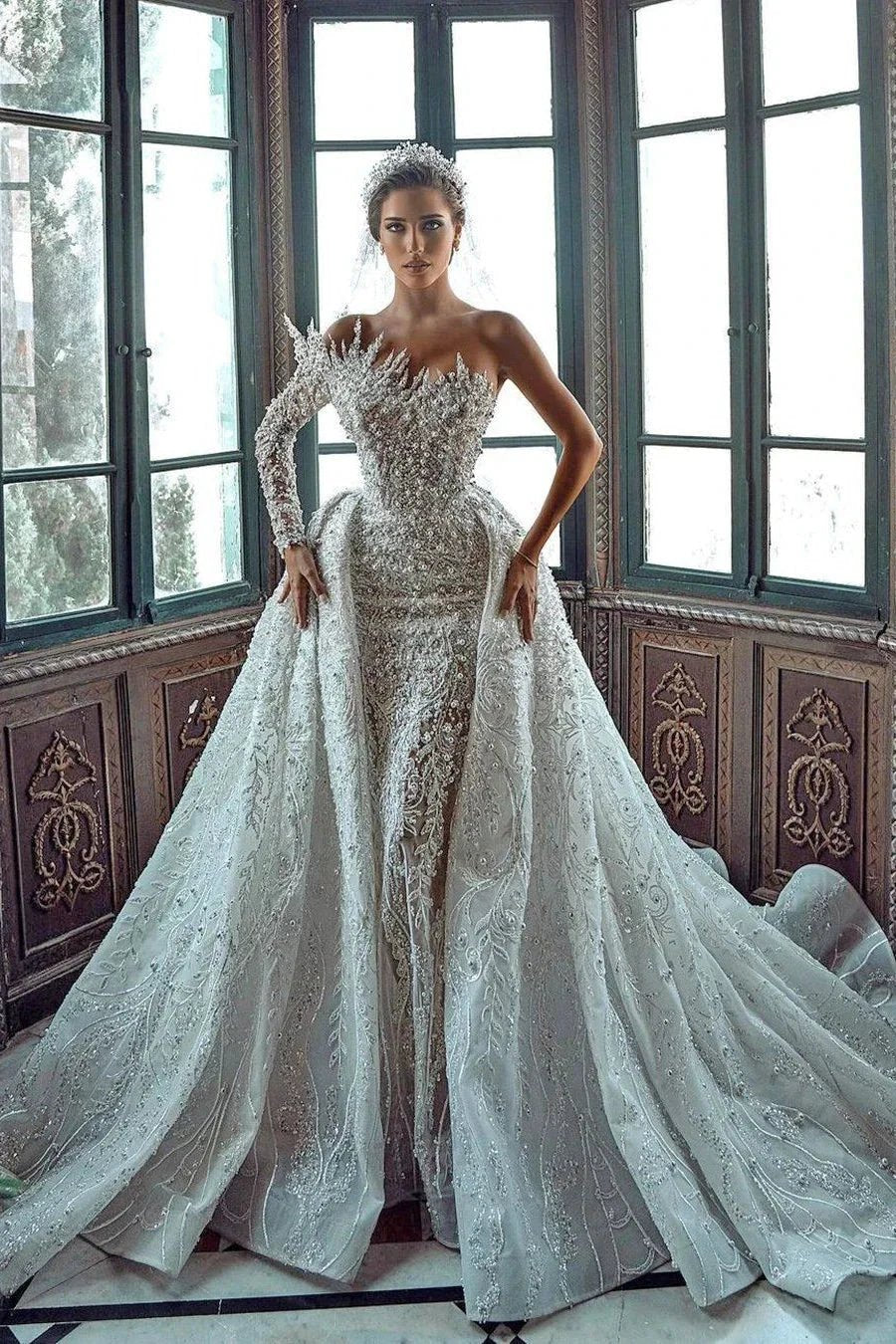 Luxurious Long White One Shoulder A-line Beading Pearls Long Sleeve Weeding Dress With Train by misshow.com