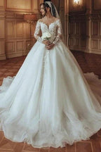 Luxurious Long White Scoop Neck A-line Tulle Lace Wedding Dress with Long Sleeves by misshow.com