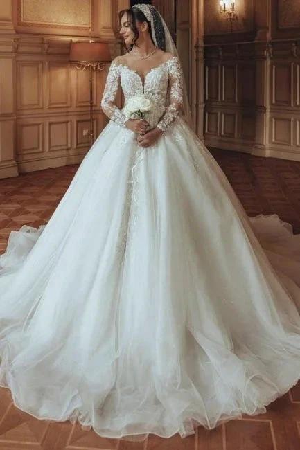 Luxurious Long White Scoop Neck A-line Tulle Lace Wedding Dress with Long Sleeves by misshow.com